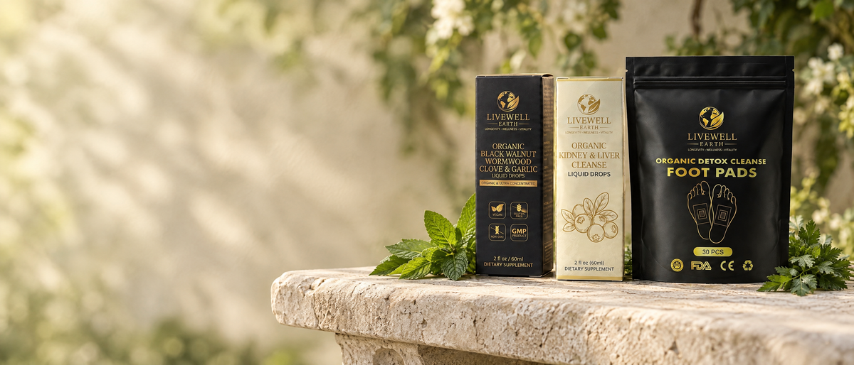 Black Walnut drops, Kidney and Liver Cleanse drops and Detox Foot Pads on a garden stone bench