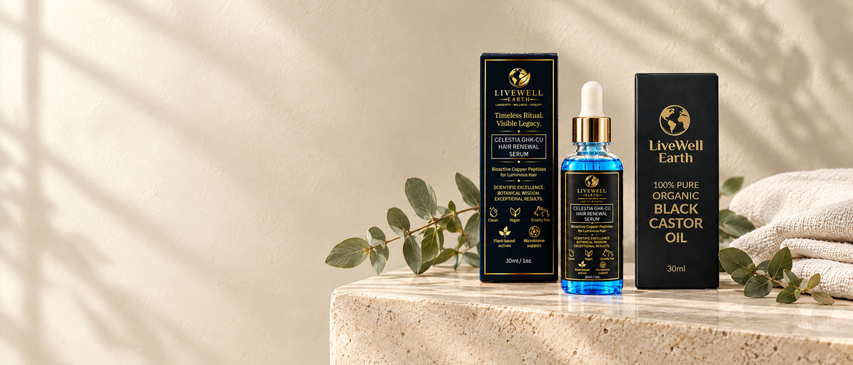 Celestia GHK-Cu Hair Renewal Serum with its box and 100% Pure Organic Black Castor Oil with eucalyptus