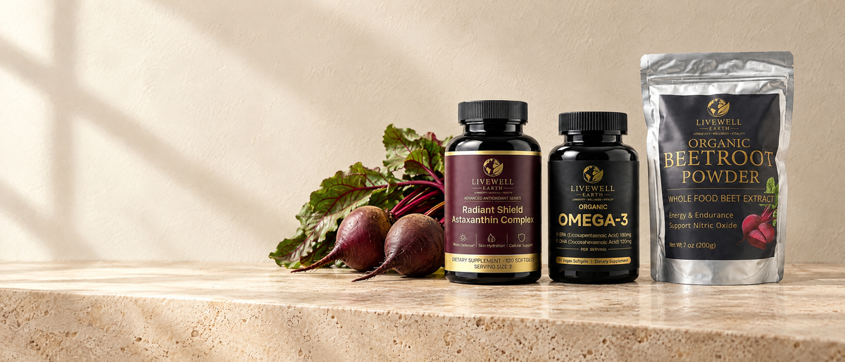 Radiant Shield Astaxanthin, Omega-3 and Beetroot Powder beside fresh beetroots