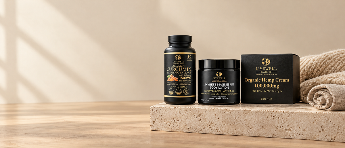 Curcumin Turmeric Extract, Skyrest magnesium body lotion and Hemp Cream in a quiet movement studio
