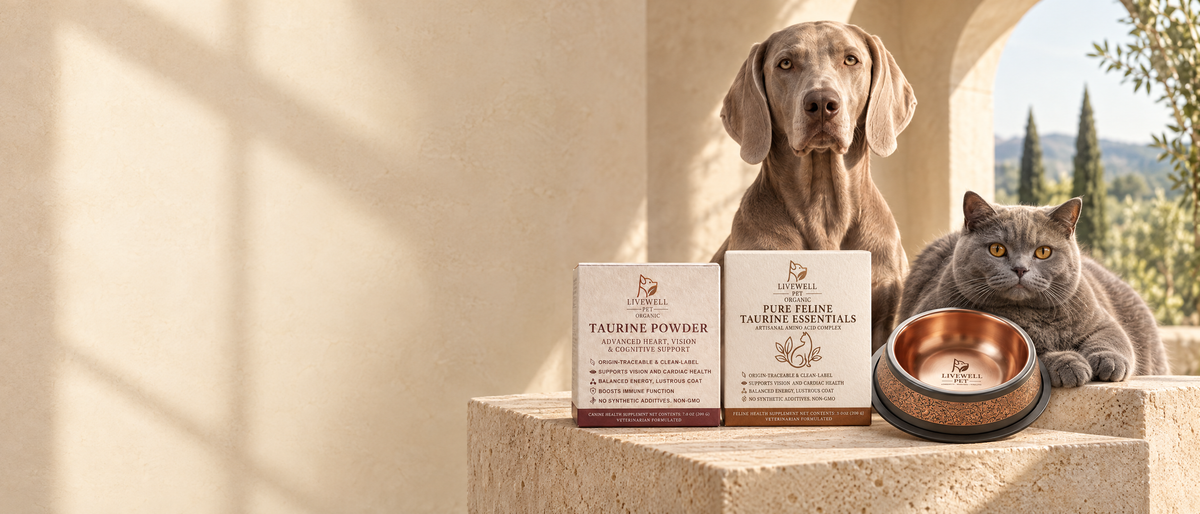 A Weimaraner and a grey British Shorthair cat by a sunlit arch with LiveWell Pet Taurine Powder, Pure Feline Taurine Essentials and the etched copper pet bowl on a travertine plinth