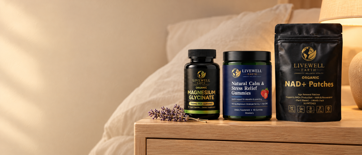 Magnesium Glycinate Complex, Natural Calm gummies and NAD+ patches on an oak nightstand at dusk