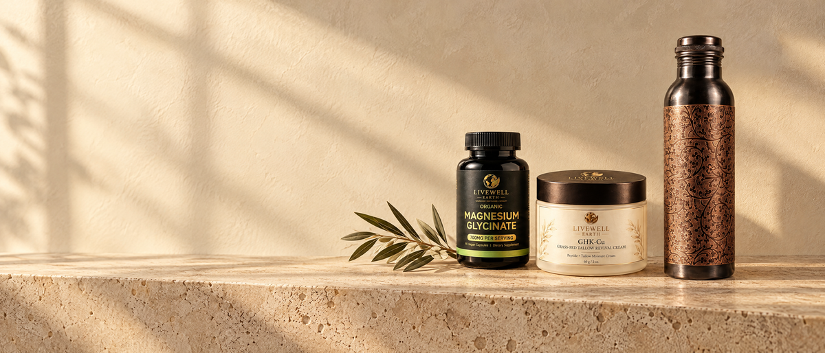 Magnesium Glycinate Complex, GHK-Cu Tallow Revival Cream and the etched copper bottle on a travertine console