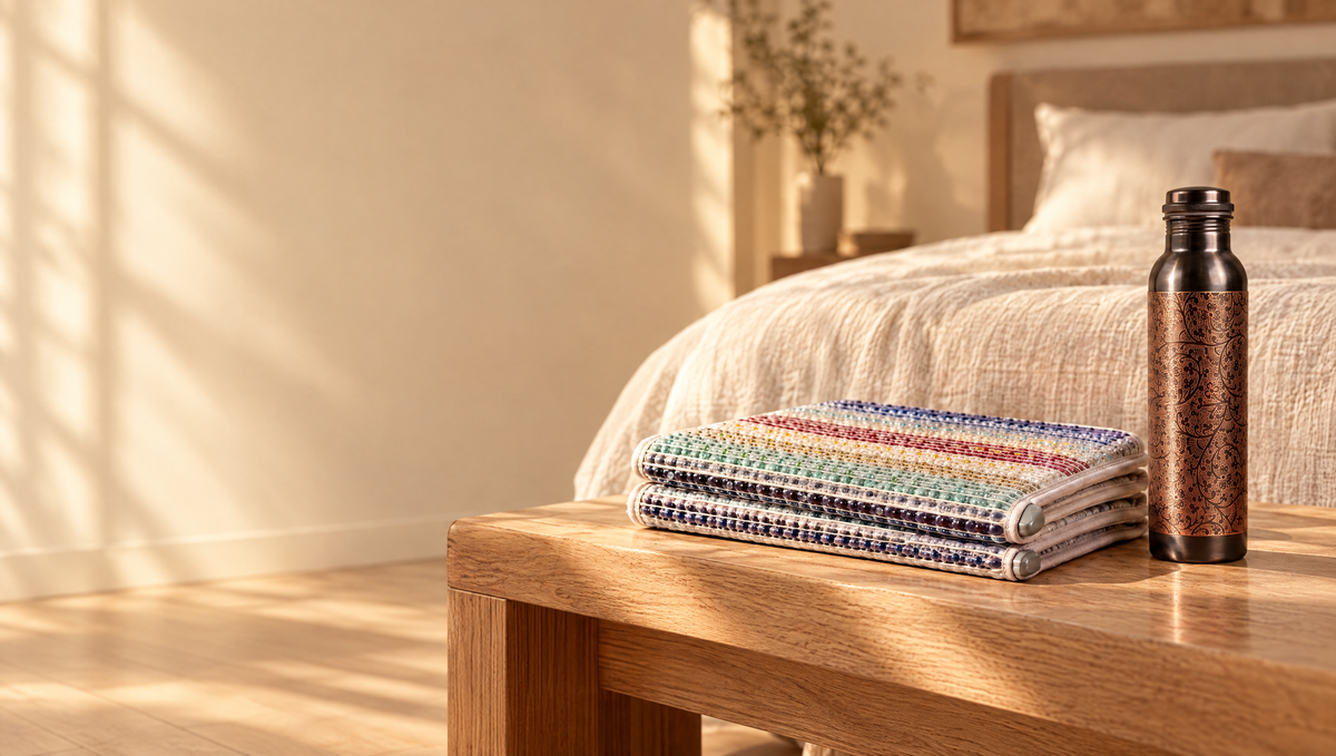 The Zenith Mat folded on an oak bench beside the etched copper bottle in a bedroom at golden hour