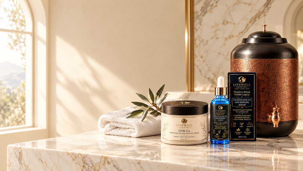 GHK-Cu Tallow Revival Cream, Celestia hair serum and the copper water dispenser on a marble vanity