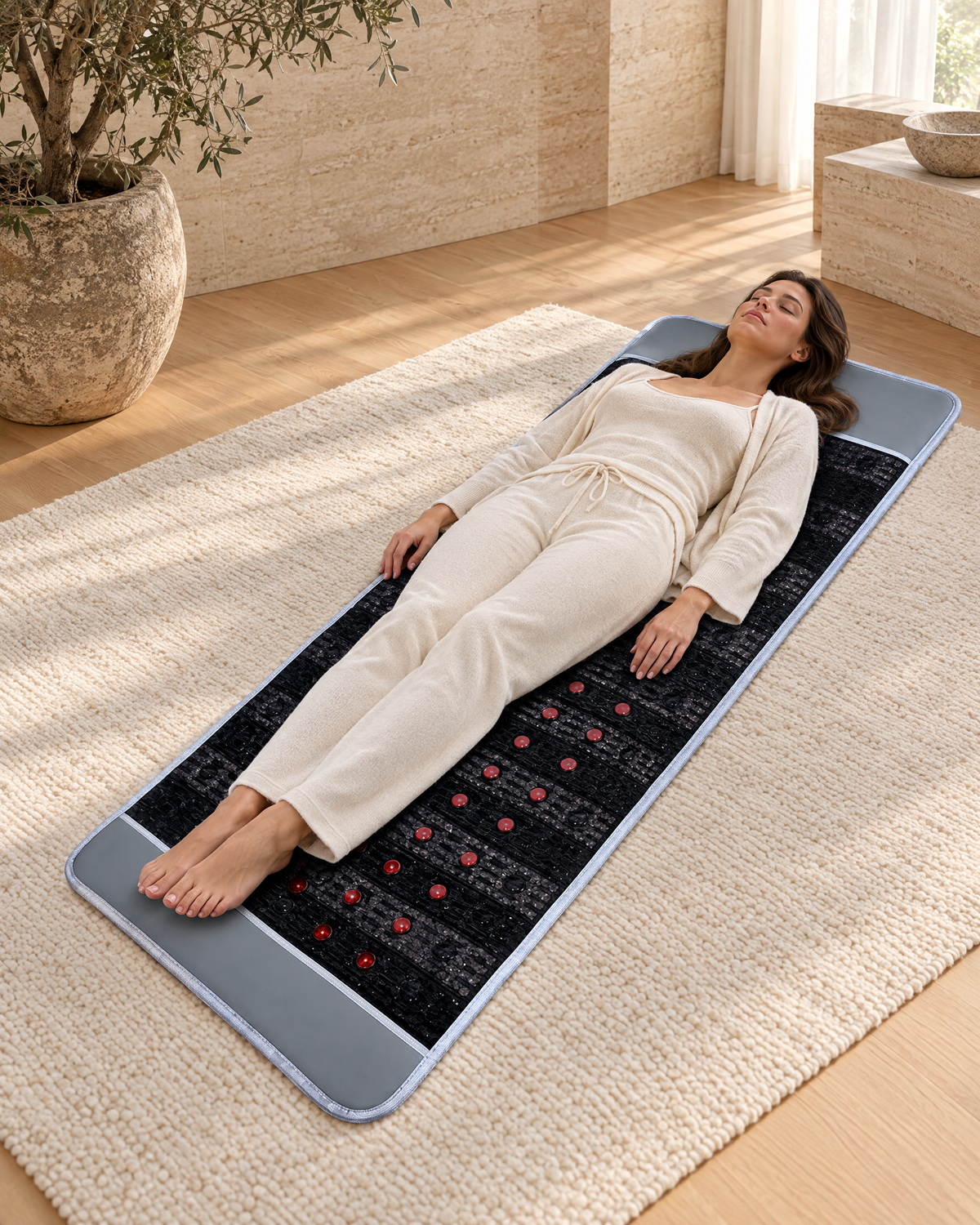 Woman resting on the Kinetic Mat in a calm home spa