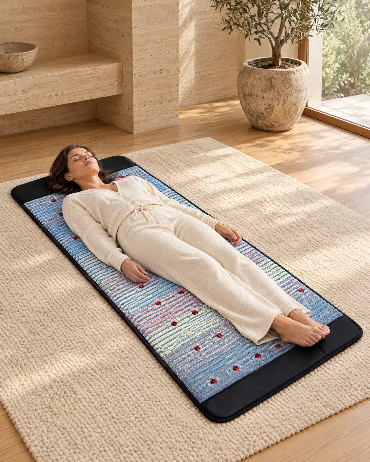 Woman resting on the Resonance Mat in a calm home spa