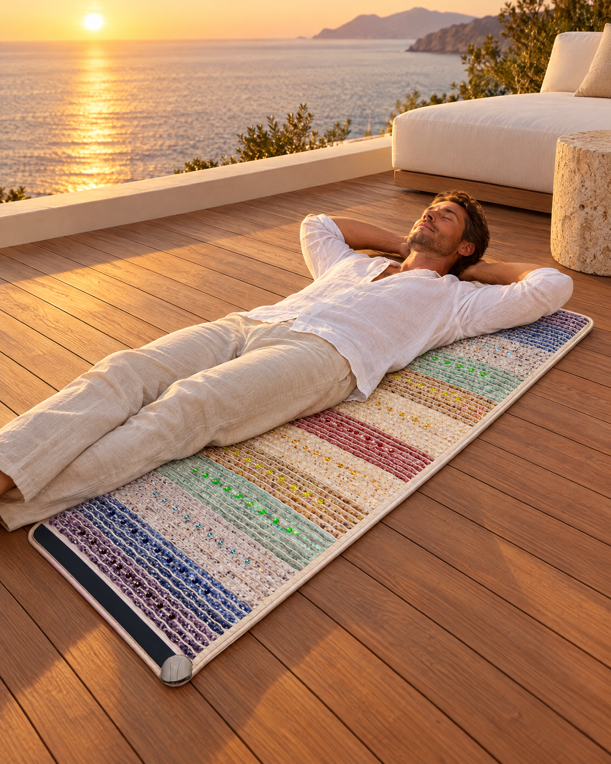 Man resting on the Zenith Mat on a terrace above the sea at sunset