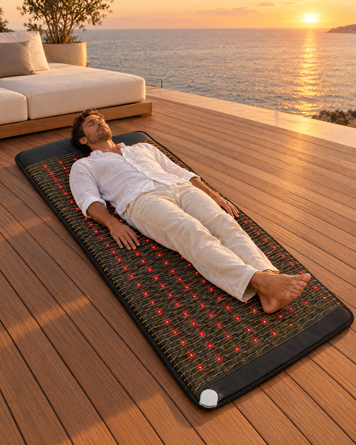 Man resting on the Synergy Mat on a terrace at sunset