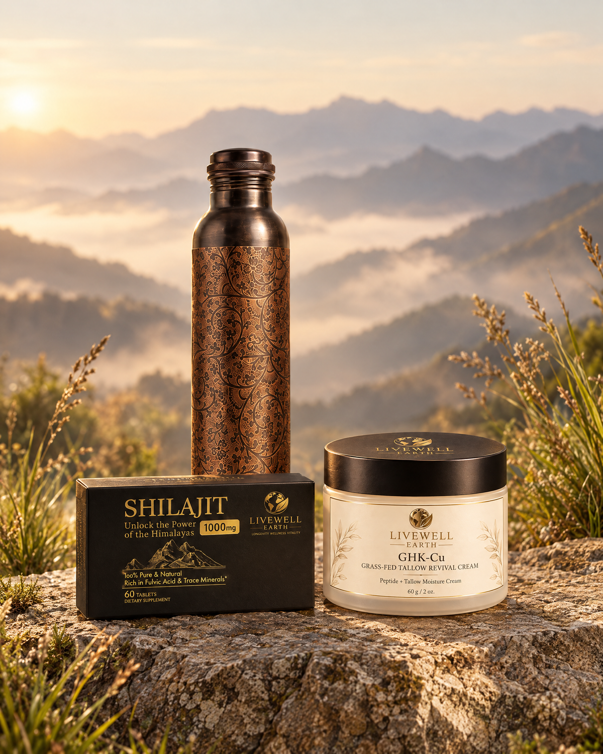 Shilajit, the etched copper bottle and GHK-Cu Tallow Revival Cream on a mountain stone ledge at sunrise