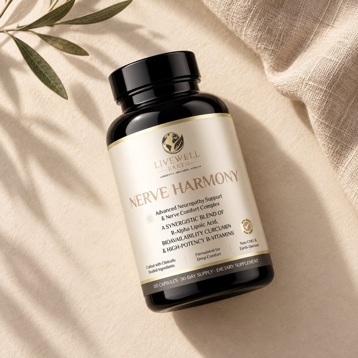 Nerve Harmony bottle on ivory linen with olive leaves
