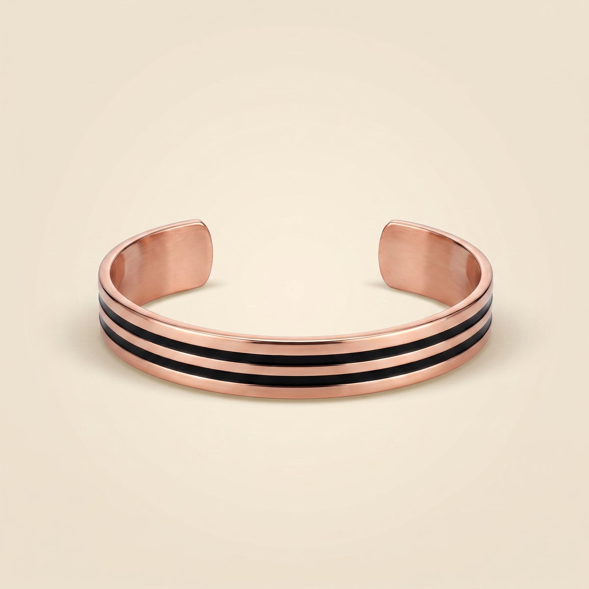 Copper Band Twin Stripe, open copper cuff with two thin black enamel stripes
