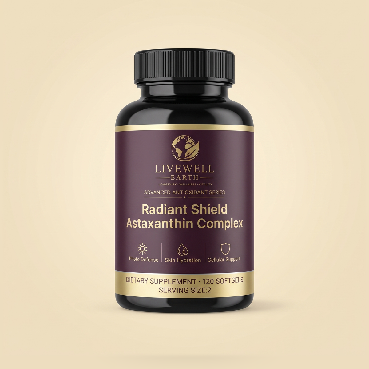 Radiant Shield Astaxanthin Complex bottle, front label view