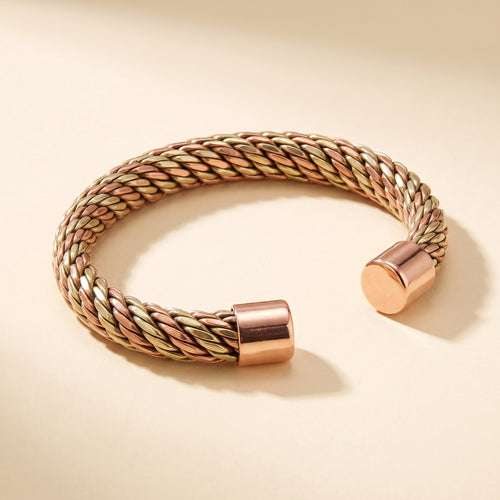 Longevity Copper Band Rope Twist, open backed rope twist copper cuff with polished end caps