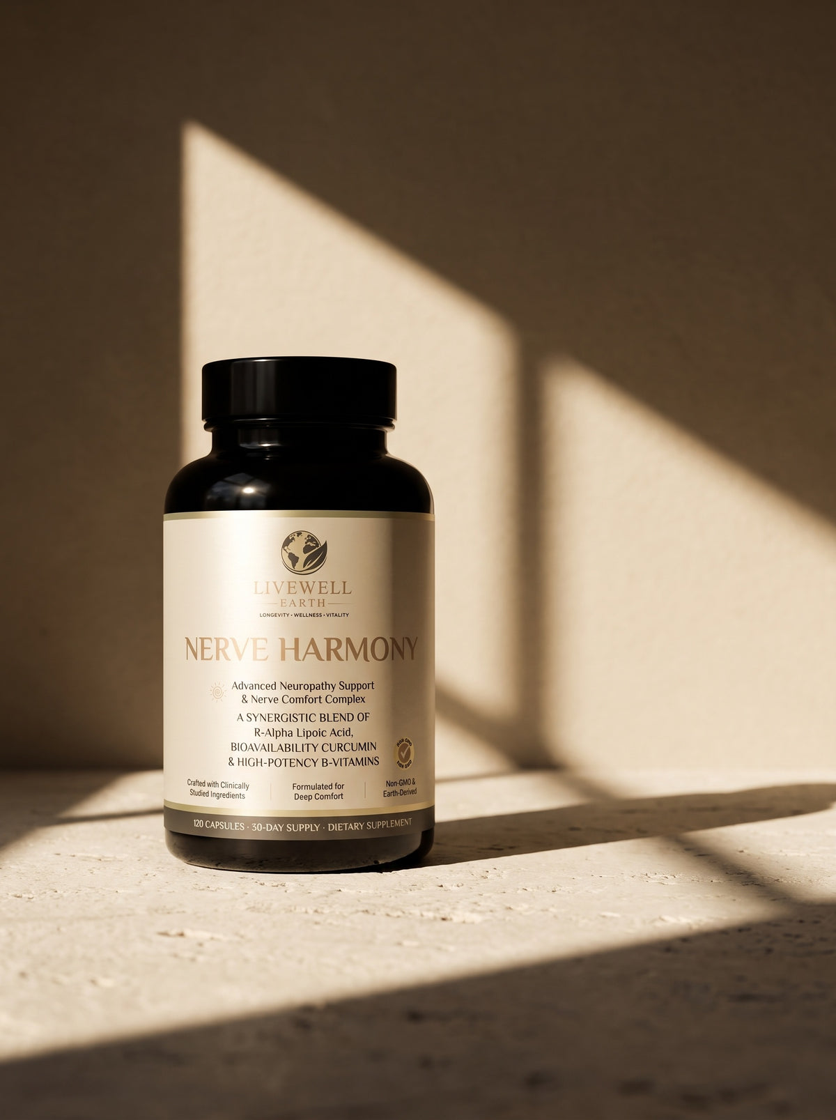 Nerve Harmony bottle in window light on a limestone surface